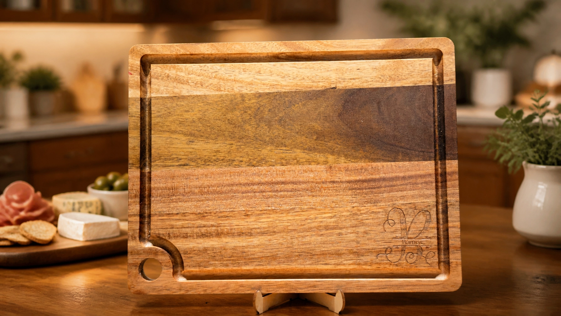 Custom laser-engraved acacia wood family monogram serving board Custom laser-engraved acacia wood family monogram serving board with juice groove in a warm kitchen setting