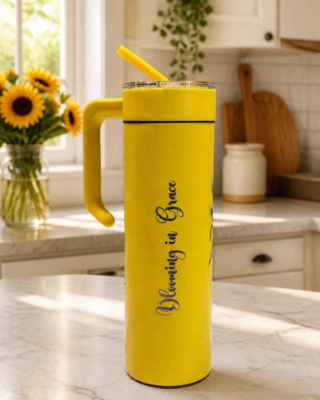 Blooming in Grace engraved yellow tumbler with straw in a kitchen setting