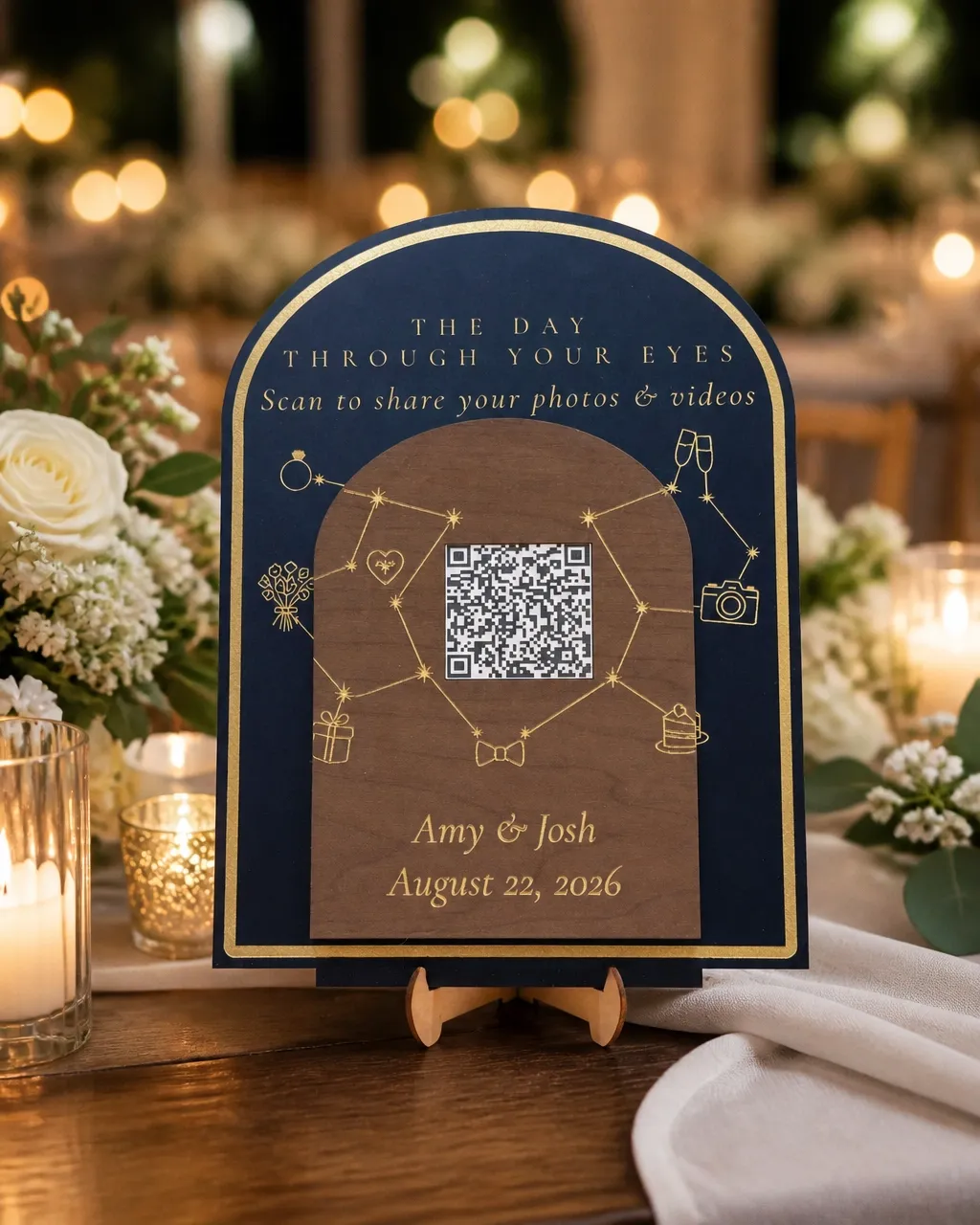 Celestial wedding QR sign for the wedding couple — August 22, 2026 Celestial wedding QR sign for the wedding couple, dated August 22, 2026, with laser-engraved constellation artwork and personalized QR code