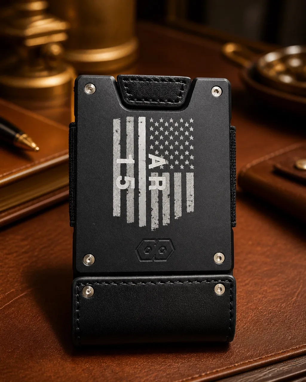 Custom engraved Proof leather wallet front view Custom engraved Proof leather wallet shown from the front