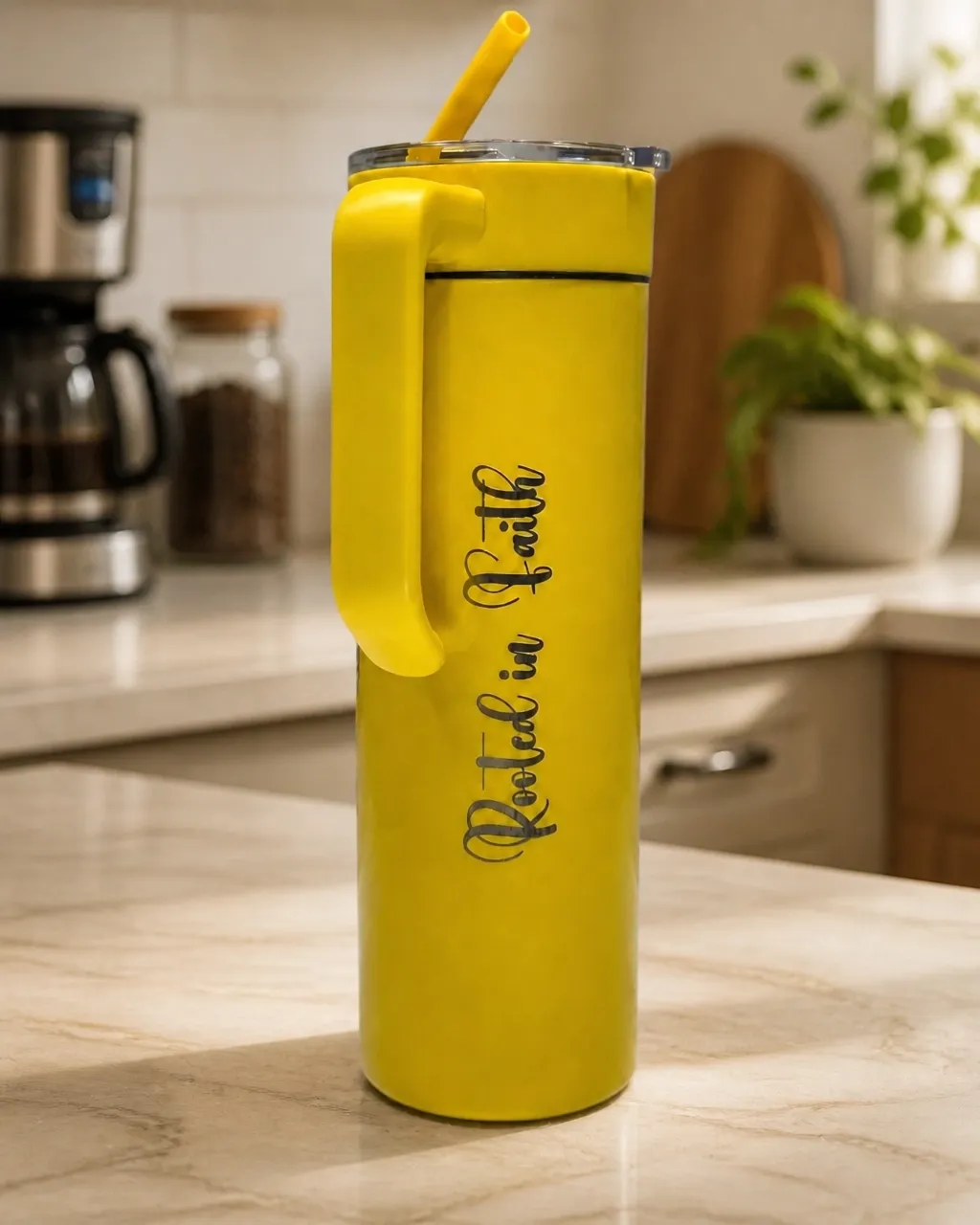 Rooted in Faith laser-engraved yellow tumbler Rooted in Faith laser-engraved yellow tumbler with vertical botanical lettering