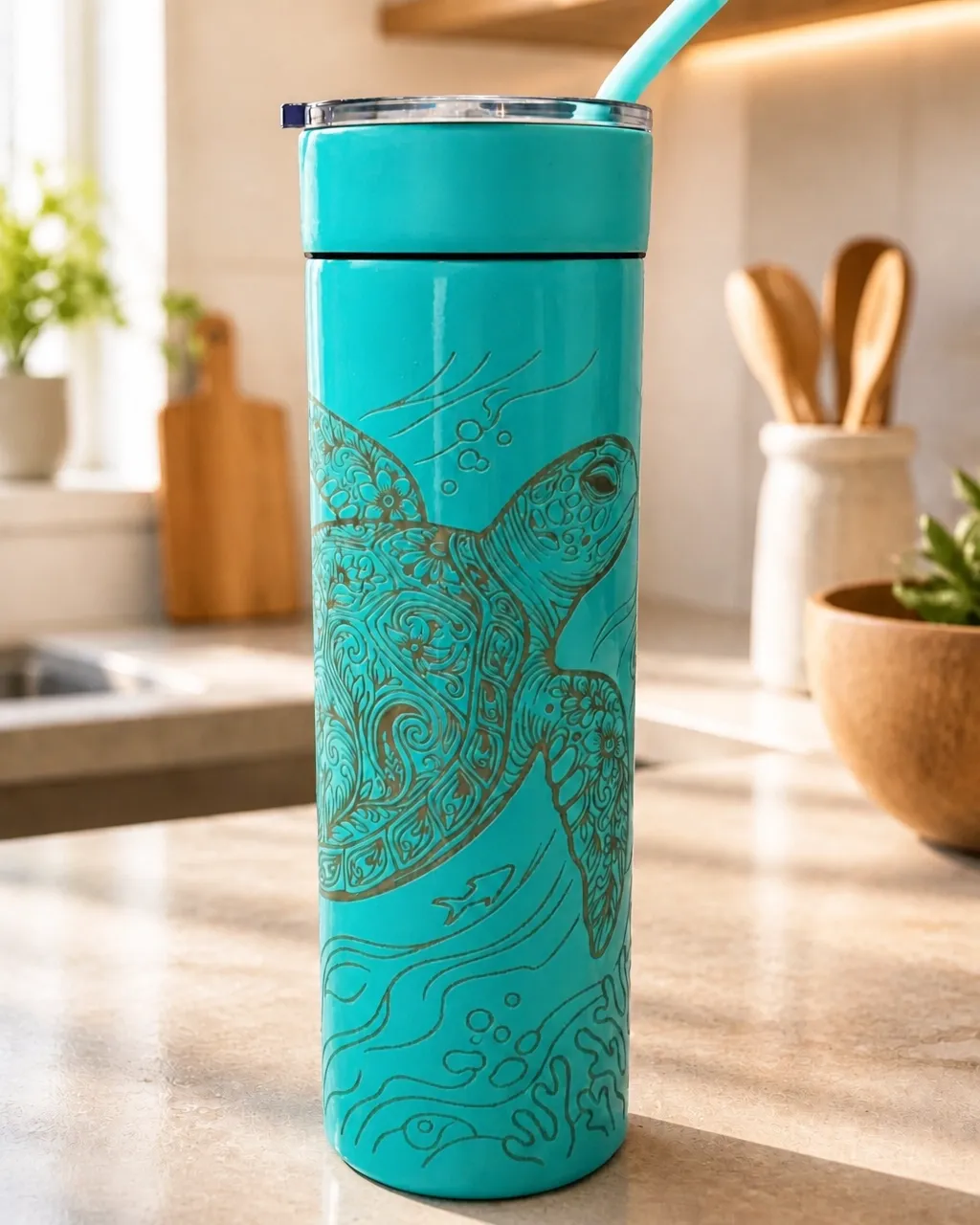 Sea turtle mandala engraved turquoise tumbler alternate presentation view