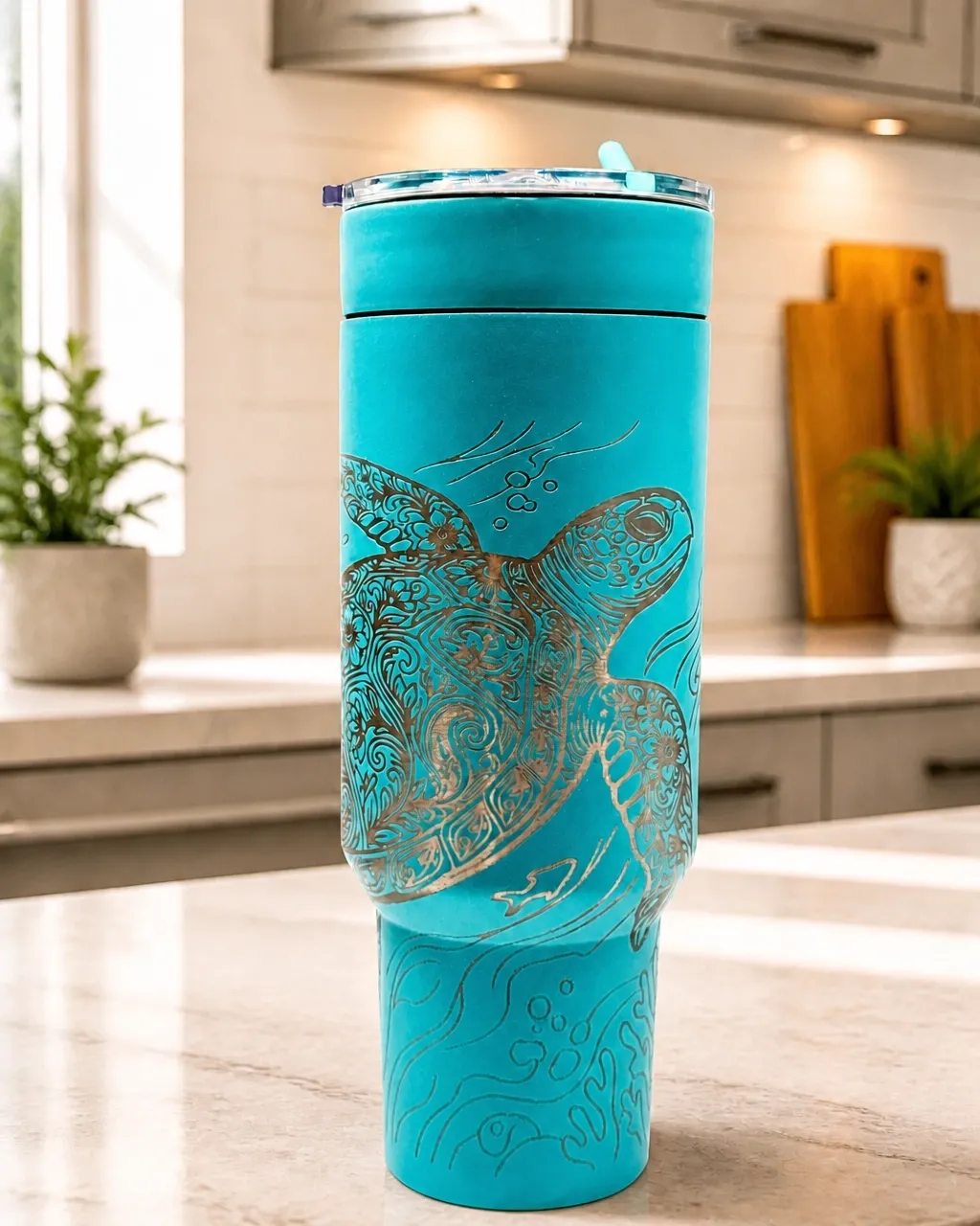 Sea turtle mandala engraved turquoise tumbler angled view