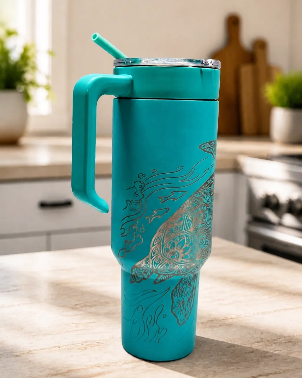 Sea Turtle Mandala Engraved Turquoise Tumbler Collection Sea turtle mandala engraved turquoise tumbler front view