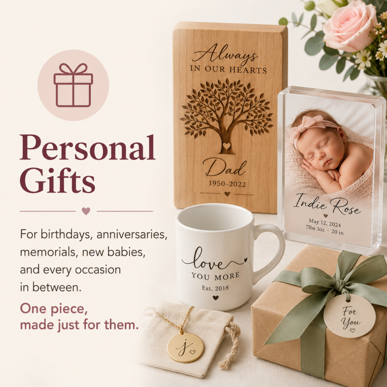 A collection of personalized gift items and heartfelt messages for various occasions.