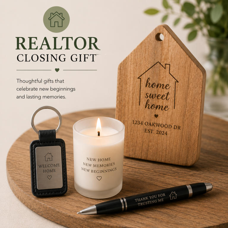 Wooden home-themed decor, candle, keychain, and pen for realtor closing gift.