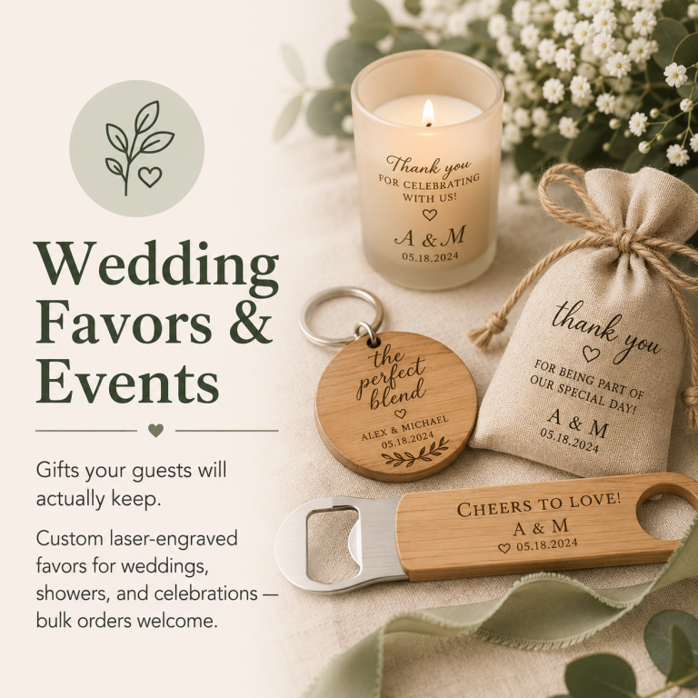 Wedding favors and events with personalized gifts like candles, keychains, and bottle openers.