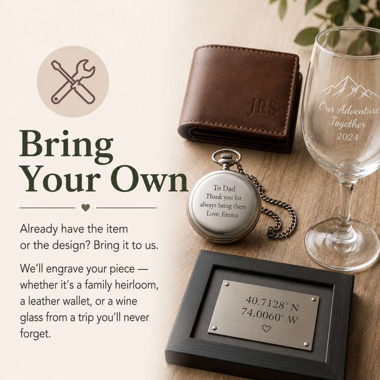 A wallet, engraved wine glass, pocket watch, and plaque with custom engraving options.